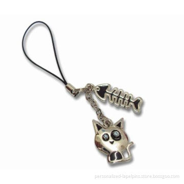 Mobile Phone Metal Novelties &amp; Straps W/cat And Fishbone Designs, Filling Colors Plus Old